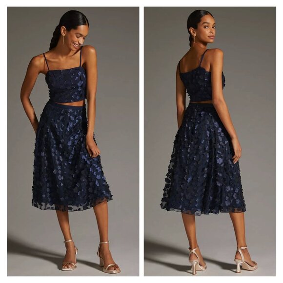 NWT Anthropologie & Eva Franco Mesh Navy Petal Top & Skirt Set - Picture 2 of 6